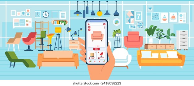 Shop furniture and home appliances with smartphone application at store sofa table chair cabinet lamp 1 vector illustration flat