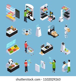 Shop of future isometric icons with robots, automated cash desk, delivery by drone isolated vector illustration 