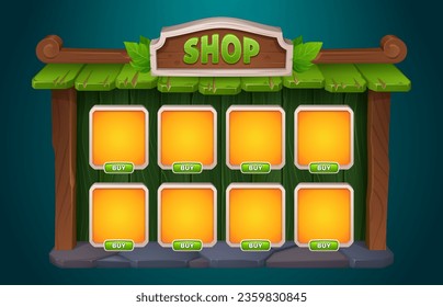 Shop game interface design - cartoon vector illustration wooden frame with card for item and button with price. User interface template for rpg store. Wood menu window for selling props and artifacts. svg