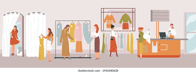Shop girl, woman measures clothes, fitting room, fashionable stylish purchase, design, cartoon style vector illustration.