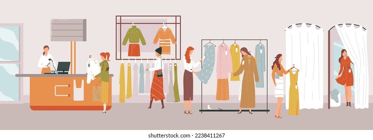 Shop girl, woman measures clothes, fitting room, fashionable stylish purchase, design, cartoon style vector illustration.