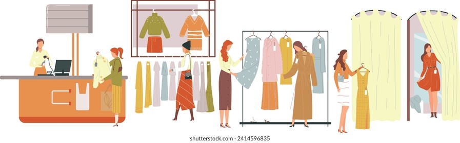 Shop girl, woman measures clothes, fitting room, fashionable stylish purchase, design, cartoon style vector illustration. Modern lady, watch dress, currency desk sales, retail clothing colored.