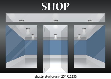 Shop with glass windows and doors, front view. Part of set. Vector exterior.