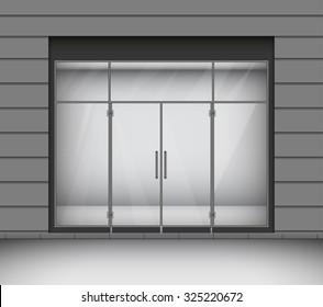 Shop with glass windows and doors, front view. Vector Illustration