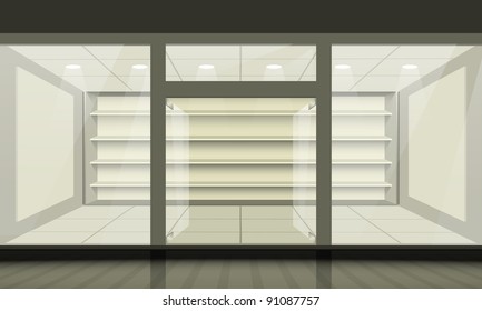 Shop with glass windows and doors, front view. Vector exterior.