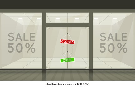 Shop with glass windows and doors, front view. Vector exterior.