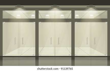 Shop with glass windows and doors, front view. Vector exterior.