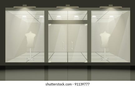 Shop with glass windows and doors, front view. Vector exterior.