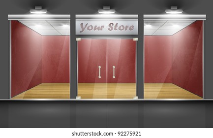 Shop with glass windows and doors, front view. Part of set. Vector exterior.