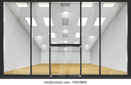 Shop with glass windows and doors, front view. Part of set. Vector exterior.