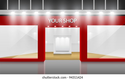 Shop with glass windows and doors, front view. Part of set. Vector exterior.