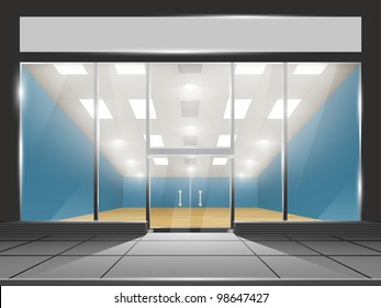 Shop with glass windows and doors, front view. Part of set. Vector exterior.