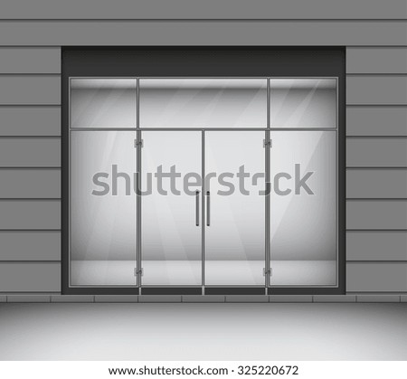 Shop with glass windows and doors, front view. Vector Illustration