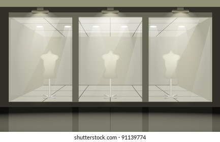 Shop with glass windows, front view. Vector exterior.