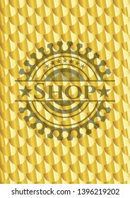 Shop gold emblem. Scales pattern. Vector Illustration. Detailed.