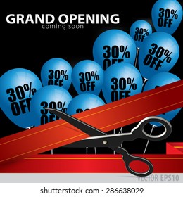 Shop grand opening - cutting red ribbon.  Balloons with 30  percent discount