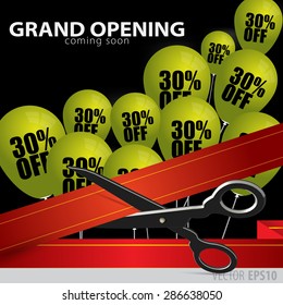 Shop grand opening - cutting red ribbon.  Balloons with 30  percent discount