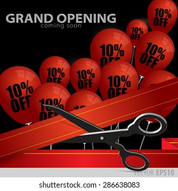 Shop grand opening - cutting red ribbon.  Balloons with 10  percent discount