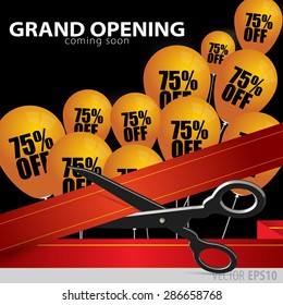 Shop grand opening - cutting red ribbon.  Balloons with 75  percent discount