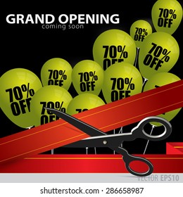 Shop grand opening - cutting red ribbon.  Balloons with 70  percent discount