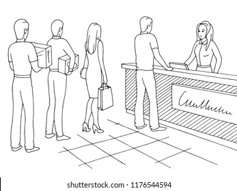 Shop graphic black white sketch illustration vector. People waiting in line queue