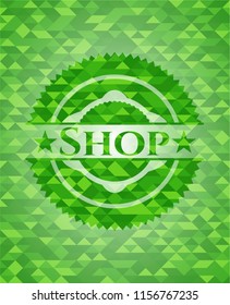 Shop green emblem with mosaic ecological style background
