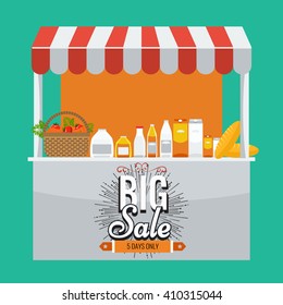 Shop, grocery and shopping concept. Store booth with striped awning, fruits, vegetables, drinks, bread and basket with full of organic food on the display shelf. Big sale title on it. 