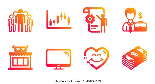Shop, Group and Computer line icons set. Businessman case, Smile face and Settings blueprint signs. Candlestick graph, Usd currency symbols. Store, Managers. Business set. Vector