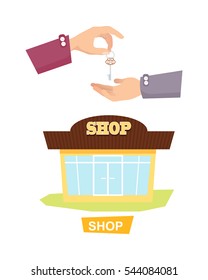 Shop and hand passing key vector in flat style. Process of buying or renting shop. Illustration of giving key and isolated colourful store on white. Agreement trade purchase concept in cartoon design