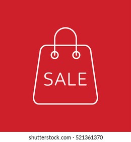 shop handle bag shopping sale store package outline thin line linear white icon on red background