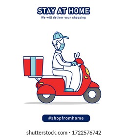 Shop from home shopping delivery man riding scooter bike delivering grocery package concept cartoon illustration