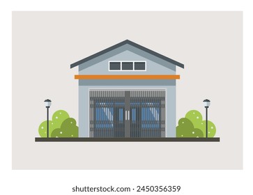 Shop house building with closed folding door. Simple illustration