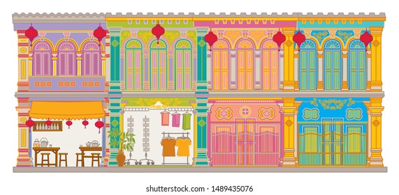 Shop house. Facade building vector, Sino Portuguese