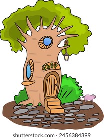 Shop the house inside the tree. Fantasy dwelling for forest dwellers baobab trade shop. Vector illustration tree with steps and windows. Above the door there is an inscription store. Inside the living