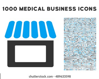 Shop icon with 1000 medical business bicolor blue and gray vector pictograms. Design style is flat symbols, white background.