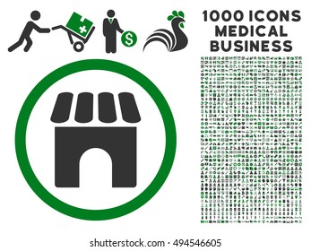 Shop icon with 1000 medical business green and gray vector pictograms. Design style is flat bicolor symbols, white background.