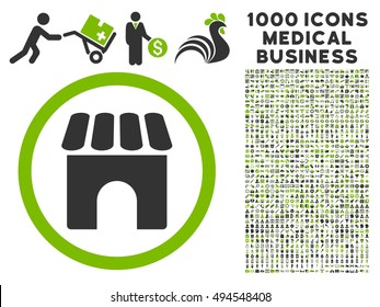 Shop icon with 1000 medical commerce eco green and gray vector pictograms. Clipart style is flat bicolor symbols, white background.