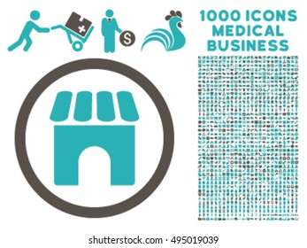 Shop icon with 1000 medical commercial grey and cyan vector pictograms. Clipart style is flat bicolor symbols, white background.