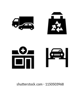 shop icon. 4 shop set with pharmacy, mechanic, car and eco bag vector icons for web and mobile app