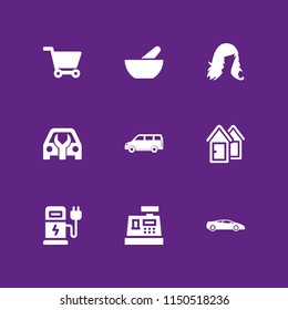 shop icon. 9 shop set with cart of ecommerce, cashier, wigs and dressing room vector icons for web and mobile app