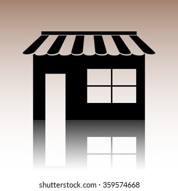 Shop icon. Black vector illustration with reflection.