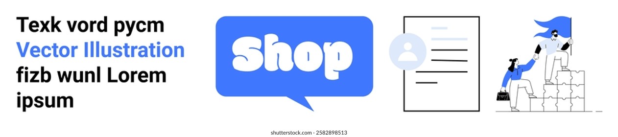 Shop icon in blue speech bubble, profile document, and woman with packed boxes. Ideal for e-commerce, online retail, user accounts, order processing, and website design. Banner for landing page