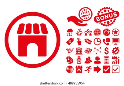 Shop icon with bonus pictogram. Vector illustration style is flat iconic symbols, red color, white background.