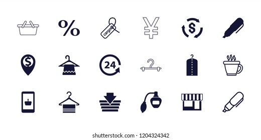 Shop icon. collection of 18 shop filled and outline icons such as perfume, hanger, shopping basket, online shopping, 24 support, pen. editable shop icons for web and mobile.