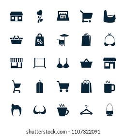 Shop icon. collection of 25 shop filled icons such as baby potty, man hairstyle, coffee, bra, clothes on hanger, hanger, shopping bag. editable shop icons for web and mobile.