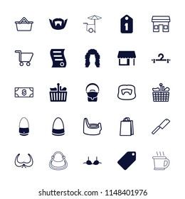 Shop icon. collection of 25 shop filled and outline icons such as tag, hanger, bra, bag, bill of house sell, baby potty, man hairstyle. editable shop icons for web and mobile.