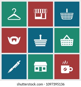 Shop icon. collection of 9 shop filled icons such as shopping basket, coffee, shopping bag, man hairstyle, hanger, pen. editable shop icons for web and mobile.
