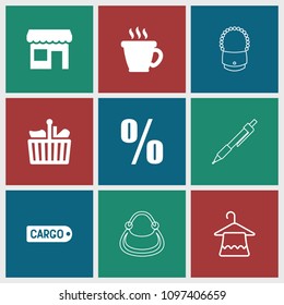 Shop icon. collection of 9 shop filled and outline icons such as coffee, store, hanger, percent, shopping bag, cargo tag, bag. editable shop icons for web and mobile.