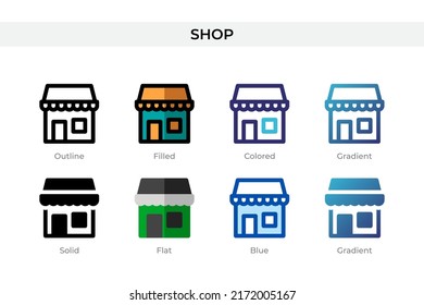 Shop icon in different style. Shop vector icons designed in outline, solid, colored, filled, gradient, and flat style. Symbol, logo illustration. Vector illustration
