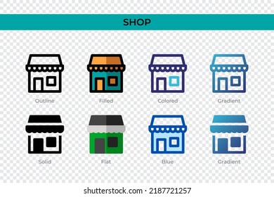 Shop icon in different style. Shop vector icons designed in outline, solid, colored, filled, gradient, and flat style. Symbol, logo illustration. Vector illustration